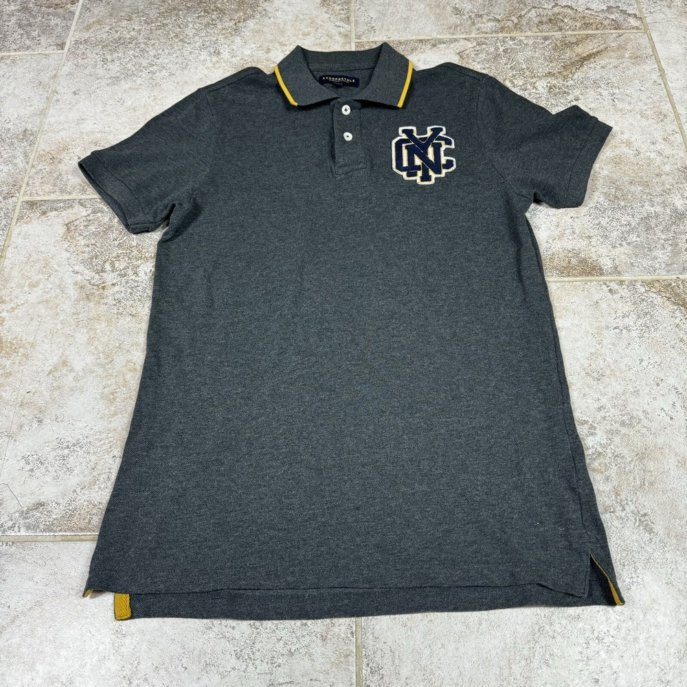 Aeropostale Polo Shirt Mens Medium Gray NYC Patch Preppy Rugby Casual